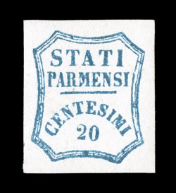 Sassone 15, 1859 20c Blue, lovely mint single, possessing exceptionally wide balanced margins all around, excellent deep color and sharp impression on fresh bright paper, o.g.,
extremely fine and scarce in this choice quality signed A. D(iena)