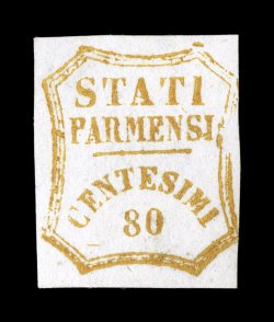 Sassone 18b, 1859 80c Orange bister, rare mint single showing this scarcer shade that uses somewhat oily ink so that the impression bleeds through to the reverse, three clear
margins, just touching at right, fresh white paper, o.g., small h.r.,