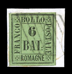Sassone 7, 1859 6b Black on yellow green, a four-margin single tied to small piece being an extraordinarily rare used example of the most elusive of the Romagne values,
attractive color and detailed impression, margins are large to extra large s