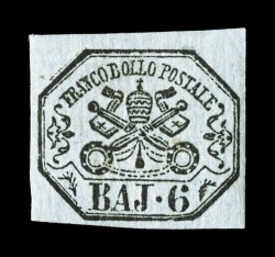 Sassone 7, 1852 6b Greenish gray, fresh mint single with large to extra-large margins all around, attractive greenish paper and rich impression with a slightly oily intense black
ink, o.g., choice very fine (Scott 7: $1,000.00).