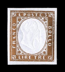 Sassone 18A, 1861 3L Copper, lovely mint single from the second printing on thin paper, beautifully margined with extra-large balanced margins on all four sides, full original
gum that has never been hinged, extremely fine and rare in this h