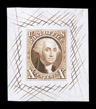 2TC,10c Golden brown trial color die proof on bond paper, measuring 37x42mm, with cross-hatching in margins, exceedingly fresh, very fine and handsome.