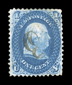 63c, 1c Blue, vertically laid paper variety, deep rich color, small ms. cancel, reperforated at right and bottom fine appearance a presentable example of this immensely rare
variety 2006 PF certificate.