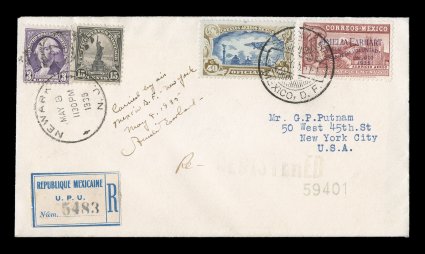 C74, 1935 20c Amelia Earhart overprint, tied along with 40c Air post official (CO14) by May 2, 1935 c.d.s. on flown registered cover to New York, U.S. 3c and 15c regular issues
tied by Newark May 8, 1935 pmk., signed by Amelia Earhart with