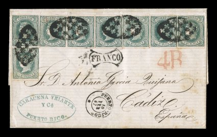 Cuba 18, 1864 12r Green, an impressive franking of eight singles on entire folded letter to Cadiz, Spain, seven with clear to large margins that is configured like a horizontal
strip of seven, eighth is just into the frame at bottom right and s