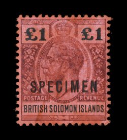 S.G. 22s-38s, 1914 12p-£1 King George V, with overprinted Specimen cplt., attractive colors, o.g., some h.r.s, five values with light toning (mostly on reverse), 12p with
rounded corner, 1p with a faint crease, otherwise fine-very fine (Sco