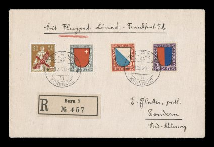 C1, 1920 30c Yellow brown and pale green air post, tied along with 1920 Semi-postal set (B15-17) by BernKornhaus1.XII.20 c.d.s pmks. on cover to Tondern (backstamp of 4.12.20),
neatly opened at bottom, fresh and clean, very fine.