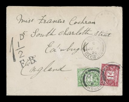 S.G. C1, 1908 Cachet I handstamp, light but readable pmk. of this rare cachet, on cover to Edinburgh, June 4, 1920 South Georgia transit c.d.s., G.B. 12p and 1p postage dues
tied by July 23 c.d.s. postmarks, blackflap torn and a trivial cover t