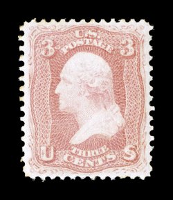 64b, 3c Rose pink, outstanding centering within large margins for this, wonderfully fresh color and a clean impression, full o.g., lightly hinged, an extremely fine a
surprisingly difficult stamp to find in this gem original gum condition 1988