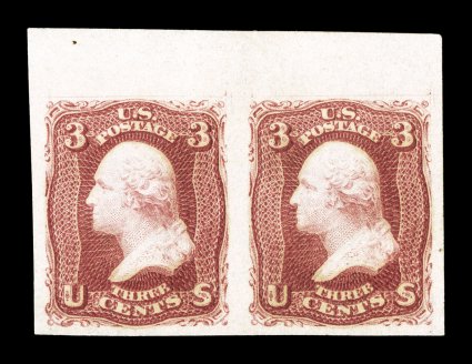 66a, 3c Lake, imperforate, gem top sheet-margin horizontal pair, other margins also very large, rich color and a strong impression, o.g., extremely fine a rare imperforate pair,
especially in this select quality 1987 PF certificate.
