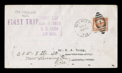 AAMC F4-1, November 1, 1920 FAM Route No. 4, Key West-Havana, two covers with First Trip handstamp in violet, one with U.S. C1, the other with pair of 535, very
fine.