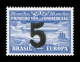 Sieger 9, 1930 5(000)r on 20,000r Parahyba Zeppelin, an enormously rare mint example, well centered, exceptionally fresh, clean o.g. that has been only faintly hinged, the
eighth perforation from the bottom left has been expertly added and there