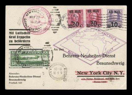 Sieger 64III, 1930 Pan-American Flight, mixed franking card with three Canal Zone air posts tied by CristobalCanal ZoneMay 15, 1930 machine cancel, flown via Cuba with Havana
transit to Lakehurst for the return flight of the Zeppelin from La