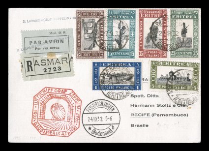 Sieger 195, 1932 Ninth South America flight, attractively franked registered card with six different values of the 1930 bicolor pictorials, all tied by Asmara c.d.s., neat
Friedrichshafen transit c.d.s., backstamped Pernambuco, Brazil, fully str