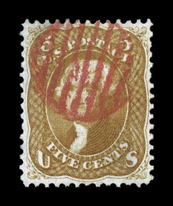 67, 5c Buff, an absolutely gorgeous used example of this pretty and distinctive shade, possessing outstanding overall physical attributes, including being incredibly well
centered amid uncharacteristically large margins, its color is especially