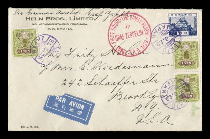 Sieger 31B, 1929 Round-the-World flight, four adhesives tied to flown cover by Tokyo foreign mail cancels, flown on the scarce Tokyo to Lakehurst leg of the flight, red flight
cachet, backstamped, very fine and handsome cover.