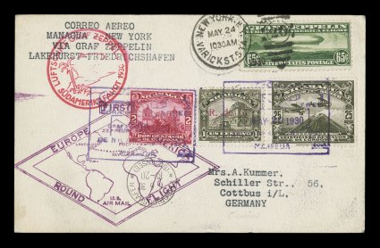 Sieger 64IX, 1930 Pan-American Flight, an exceptionally scarce mixed franking card with three Nicaraguan adhesives including one air post tied by boxed Correo AereoMay 20,
1930Managua pmk., plus U.S. 65c Zeppelin tied to New York, N.Y.Vari