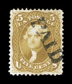 67, 5c Buff, an especially eye-appealing used example, marvelously well centered, lovely rich color and a crisp detailed impression, beautifully cancelled by a virtually
complete Paid straight line postmark, extremely fine 1989 PF certificate