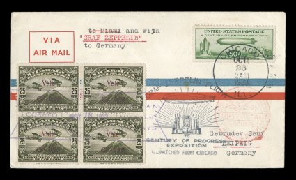 Sieger 245B, 1933 Chicago Flight, rare mixed franking cover with Nicaraguan 25c Black brown air post block of four, tied by special violet Managua Pan American Airways cancel
for flight to the United States to connect with the Zeppelin, then an
