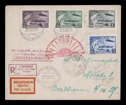 Sieger 120Ca, 1931 Polar flight, full perforated 30k-2R Zeppelin set cplt. and specially issued for this flight, tied by Leningrad c.d.s. and flown to the Icebreaker Malygin
where backstamped, then back to Moscow as addressed, two different fl