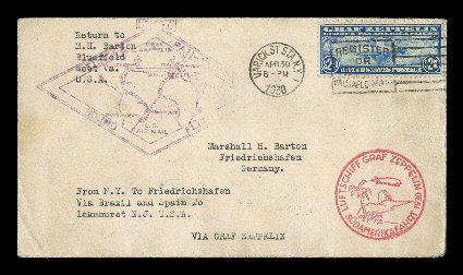 C15, $2.60 Graf Zeppelin, exceptionally well centered single tied by Varick Station, April 30, 1930 pmk. on cacheted flown cover addressed to Germany, appropriate backstamps,
cover with minor soiling, stamp is choice very fine.