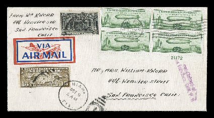 C18, 50c Chicago Zeppelin, bottom plate no. 21172 block of four tied to first day cover by Miami, October 6, 1933 machine cancel, C8 and E14 also tied, with Chicago flight
cachet on back and Chicago, Oct. 26 backstamp, San Francisco receiv