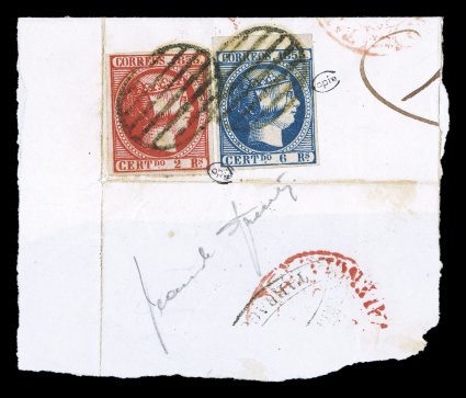 Spain 19th century forgery lot of seventeen items (sixteen different), includes two Sperati forgeries, one is 1863 3r and 6r tied to piece (see photo), signed Sperati and
marked Copie denoting that this had been used in the French court case