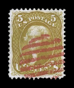 67b, 5c Olive yellow, used, exceptionally well centered and margined, strong rich color, bright red grid cancel, tiny edge tear, extremely fine appearance a very scarce and
often misidentified stamp 2005 PSE certificate.