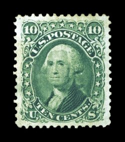 68, 10c Yellow green, a phenomenal mint example, possessing remarkable physical characteristics that rarely converge on a single stamp from this era, including being precisely
centered amid extravagantly large margins, rich luxuriant color and a