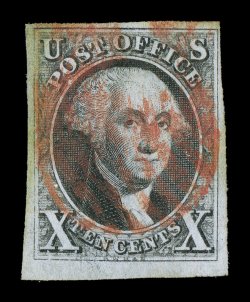2, 10c Black, four well clear to very large margins including a portion of the bottom sheet margin, exceptional deep intense color, red circular grid cancel, tiny pinhole and
picked out inclusion, very fine appearance 2007 PF certificate.