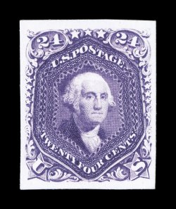 70P4, 1861 24c Red lilac, plate proof on card, extraordinarily bright and fresh, large margins all around, small paper hinge on back, choice very fine a scarce and key plate
proof.