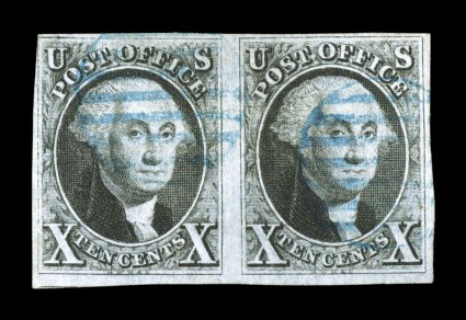 2, 10c Black, rare used horizontal pair, full to large margins around except just touching the frame line at top left, strong color, light blue grid cancels, left stamp with a
faint internal wrinkle, otherwise very fine and handsome clear 1983