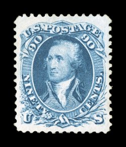 72, 90c Blue, gem unused example that is remarkably well centered within exceptionally large margins, rich bright color and a clean impression on fresh white paper, extremely
fine one of the best centered mintunused examples of Scott 72 we ha
