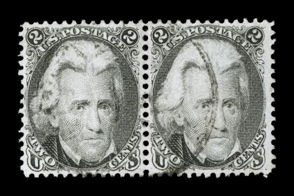 73, 2c Black, handsome used horizontal pair, exceptionally well centered, especially for a multiple, fresh color, light town cancel, extremely fine 2006 PF
certificate.