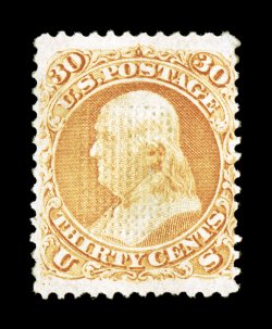 100, 30c Orange, F grill, an exceedingly rare mint example, unusually well centered and margined for this terribly difficult stamp, bright color, full o.g., nearly very fine
1990 PF certificate.