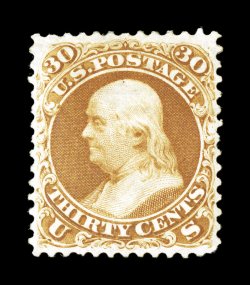 110, 30c Brownish orange re-issue, extraordinarily well centered, especially for this notoriously difficult value, deep vibrant color and a sharp detailed impression, full o.g.
that has been slightly disturbed from a hinge removal, still extreme