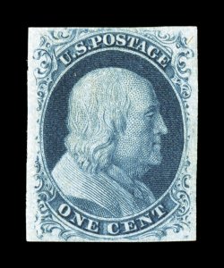 7, 1c Blue, Ty. II, four wonderfully well balanced margins, deep luxuriant color and an highly detailed impression on fresh white paper, full o.g., extremely fine 1989 PF
certificate.