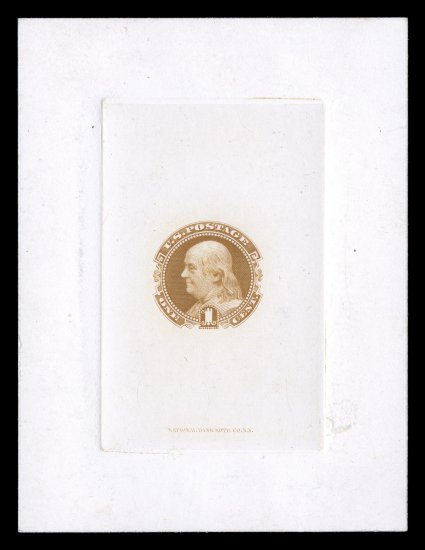 112P1, 1c Buff, large die proof on India, die sunk on 72x94 card, with National Bank Note Co. imprint at bottom, bright and fresh, tiny surface scuff at the bottom left on the
India proof, and another small scuff on the card portion only at righ