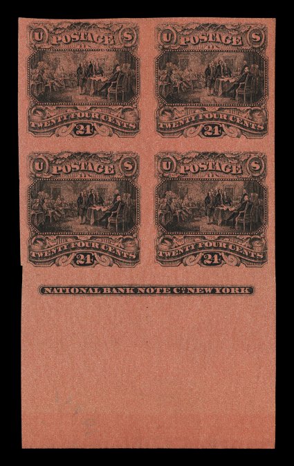120-E2c, 24c Black on red salmon tinted paper plate essay, bottom sheet-margin imprint block of four, other margins also quite large, faint diagonal crease affects the top two,
otherwise very fine-extremely fine.