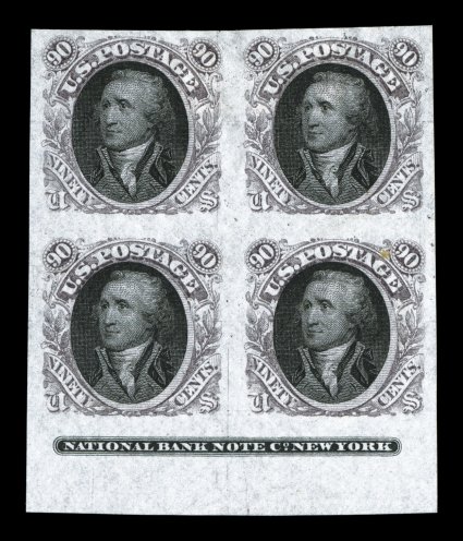 122-E2b, 90c Dull violet plate essay on stamp paper, bottom sheet-margin imprint block of four, other margins very large as well, quite fresh, bottom right stamp with trivial
toned spot, still very fine-extremely fine a scarce position block.