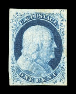 7, 1c Blue, Ty. II, position 4R1L, four large margins, rich bright color and a crisp impression, large part o.g. with a couple light toned specks on gum, otherwise extremely fine
clear 1988 PF certificate.