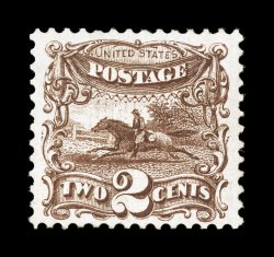 113, 2c Brown, beautiful rich color in an especially dark shade, razor-sharp impression on fresh paper, exceptionally well centered within unusually wide margins, full o.g.,
lightly hinged, extremely fine 1988 PF certificate.