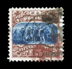 129, 15c Brown and blue re-issue, Ty. III, an impressive used example, featuring lavishly large margins all around and being quite well centered within them, rich fresh colors,
cancelled by a black oval and a bright red postmark, extremely f