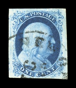 8, 1c Blue, Ty. III, as most impressive used example of this very scarce stamp, with three lavishly large margins, fourth at bottom quite ample, outstanding rich color and a
deeply etched impression on bright fresh paper, light town c.d.s., extr