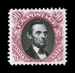 132, 90c Carmine and black re-issue, exceptionally well centered within large margins, deeply rich color and crisp detailed impressions, full but somewhat disturbed o.g.,
extremely fine clear 1982 PF and 2001 PSE certificates.