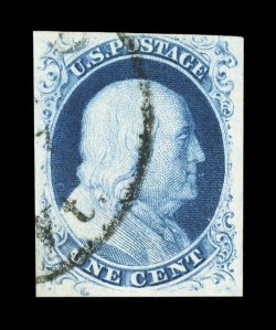 8A, 1c Blue, Ty. IIIa, used, three large margins, fourth at top a little closer but clears the design, exceedingly fresh, with lovely rich color and an especially strong
impression on pristine white paper, portion of a town c.d.s. postmark, very