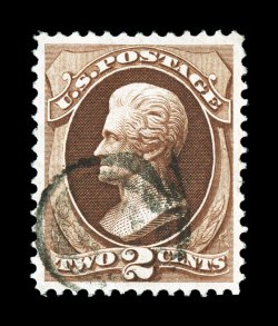 135, 2c Red brown with grill, a highly desirable used example, extraordinarily well centered within large balanced margins, rich luxuriant color and an excellent clarity of
impression, lightly cancelled, clear H grill, extremely fine gem 2007