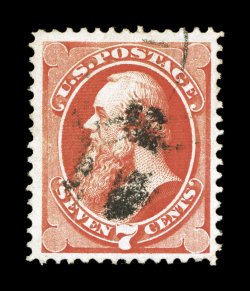 138, 7c Vermilion with grill, gorgeous used single, with dazzling color that is incredibly deep and intense, vivid impression as well, excellent centering within large margins,
light cancel, several easily identifiable grill points, extremely fi