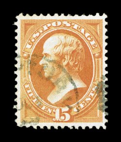 141, 15c Orange with grill, a most remarkable quality used example of this scarce and challenging grilled Bank Note, possessing unusually large and well balanced margins all
around, bright vibrant color, lightly cancelled, extremely fine a trul