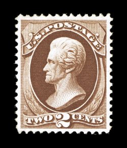 146, 2c Red brown, a visually striking mint example of this underrated stamp, being extraordinarily well centered within unusually large margins, but just as impressive is the
stamps deep prooflike color and especially intense impression on bri